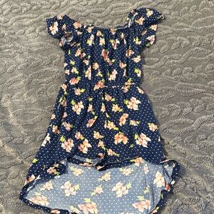 Girls Navy Floral Off-Shoulder High-Low romper dress